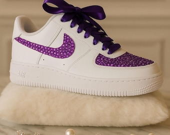 Custom Purple Bling Nike Air Force 1 Shoes with Satin Ribbon Laces – Hand Blinged Crystal Sneakers, Sparkly Custom AF1s for Women