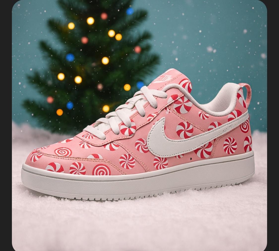 Zapatillas Nike Court Borough Low Recraft pintadas a mano con diseño de bastón de caramelo navideño / Zapatillas navideñas rojas y blancas / Zapatilla