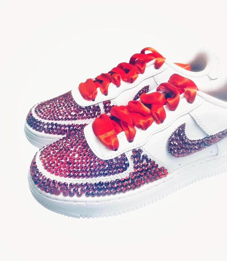 Nike Air Force One AF1 Ruby Red Rhinestone With Red Ribbon Laces Kids ...
