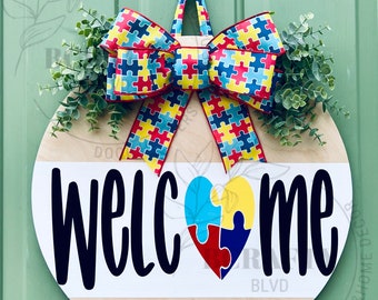 Autism Door Hanger, Autism Wreath, Autism Acceptance, Autism Awareness, Welcome, Front door decor, Porch Decor, Wood Round, Door Hanger