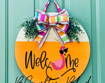 Flamingo Door Hanger, Welcome with Flamingo, Sunmer Door Sign, Summer Wreath, Summer, Orange, Wood Round, Wreath, Front Door Sign