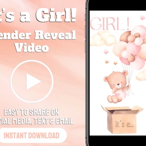 Gender Reveal Video It&#39;s a Girl! Card Digital Pregnancy Announcement Video For Social Media, Baby Announcement Instant download