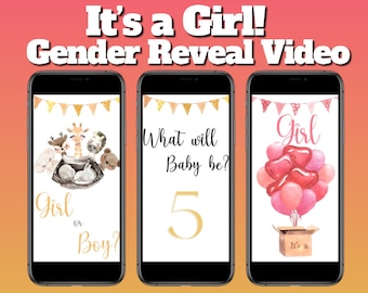 Vidéo gender Reveal C’est une fille! Carte Digital Pregnancy Announcement Video Pour les médias sociaux, Annonce de bébé Téléchargement instantané