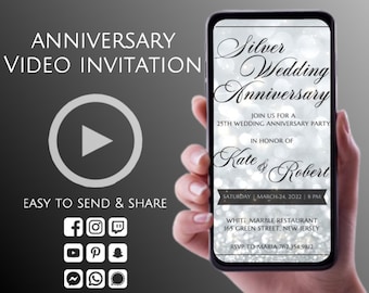 25th Anniversary Video Invitation, Animated Digital Silver Wedding Anniversary Invite, Any year Anniversary Party Invite, Custom Evite