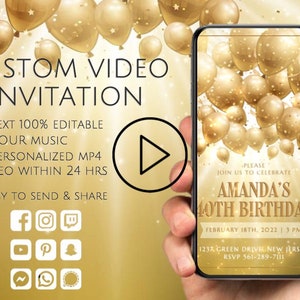 Birthday Video Invitation, Animated Birthday Party Invite, Online Personalized Invitation, Electronic Birthday Evite, Invitation for Adult