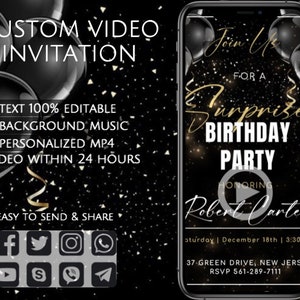 Men Birthday Video Invitation, Online Birthday Invite for him, Animated Personalized Party Invitation, Birthday Surprise Party, Video Evite
