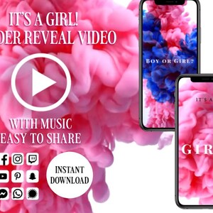 Vídeo de revelación de género ¡Es una niña! Tarjeta de anuncio de embarazo digital Vídeo para redes sociales, anuncio de bebé Descarga instantánea