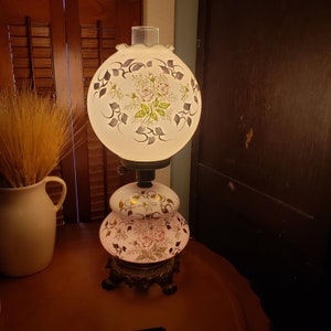 Antique Double Globe Victorian GWTW 3-Way Electric Lamp, Floral Roses Hand Painted