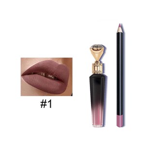 May include: A set of two lip products, a pink liquid lipstick in a clear bottle with a gold top and a pink lip liner pencil with a black cap. The lipstick bottle has a gradient design with a darker pink at the bottom and a lighter pink at the top. The lip liner pencil is black with a pink tip. The set is labelled with the number "#1".