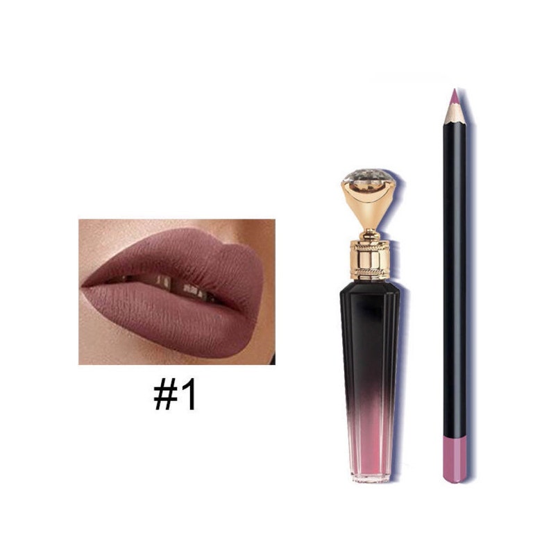 May include: A set of two lip products, a pink liquid lipstick in a clear bottle with a gold top and a pink lip liner pencil with a black cap. The lipstick bottle has a gradient design with a darker pink at the bottom and a lighter pink at the top. The lip liner pencil is black with a pink tip. The set is labelled with the number "#1".