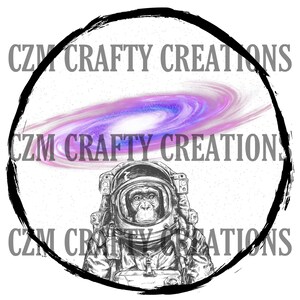 May include: A black and white illustration of a monkey wearing an astronaut suit, with a galaxy swirling above. The text "CZM CRAFTY CREATIONS" appears three times around the image.