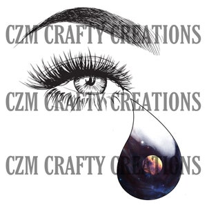 May include: A black and white illustration of a woman's eye with a teardrop that contains a galaxy and a planet. The text "CZM CRAFTY CREATIONS" is repeated three times in the image.