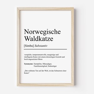 Norwegische Waldkatze Katze Rasse Definition Poster personalisierbar | minimalistische Wanddekoration Wandbild Geschenk Katzenliebhaber