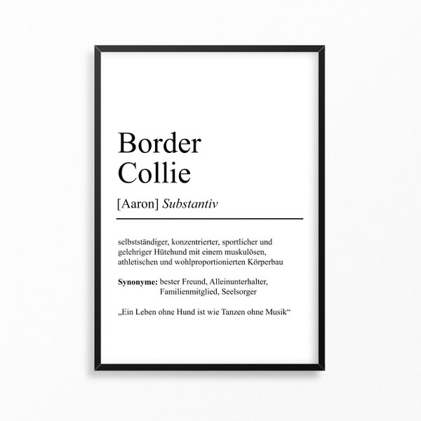 Border Collie Hunderassen Definition Poster Personalisierbar | Minimalistische Wanddekoration Wandbild Geschenk Hundeliebhaber