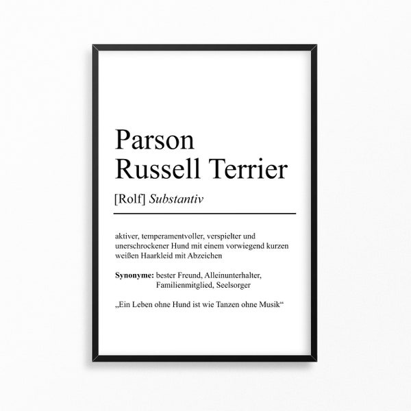 Parson Russell Terrier Hunderassen Definition Poster Personalisierbar | Minimalistische Wanddekoration Wandbild Geschenk Hundeliebhaber
