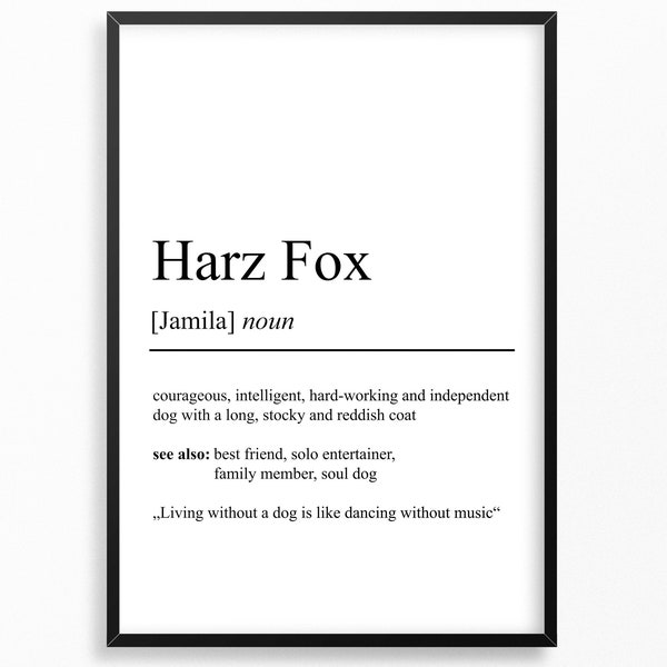 Harz Fox Definition Poster | Minimalist Design | Personalizable Gift Birthday | Dog Owner Dog Lover