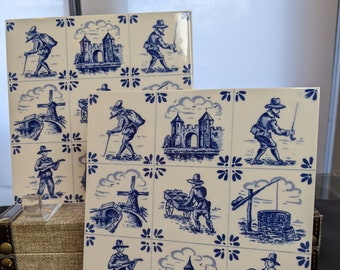 DELFT and Blauw Blue & White Hand Painted Tiles featuring iconic Delft scenes