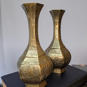 Antique Pair of Chinese Octagon Tulip Shaped Etched Brass Vases 10&quot;