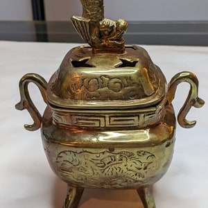 Vintage Bronze Asian Incense Burner with Koi Fish Cover Lid