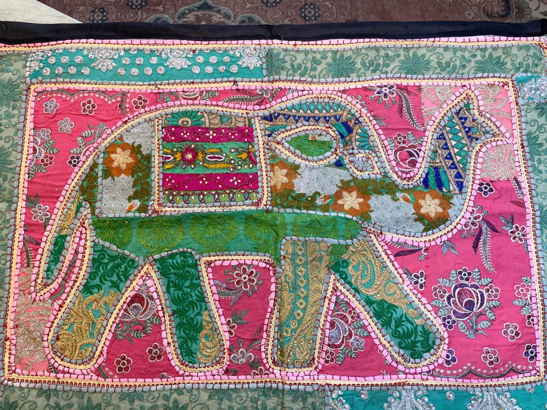 Tugana Craft Handmade Elephant Embroidered Wall Hanging Tapestry – Indian Boho Wall Art & Décor
