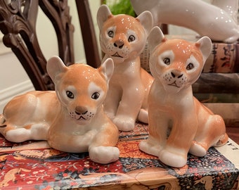 Vintage Porcelain RARE Lomonosov Russian Lion Cub Family | Set of 3