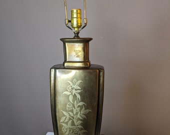 Vintage Asian Brass Canister Lamp Bamboo Motif Chinoiserie Hollywood Regency