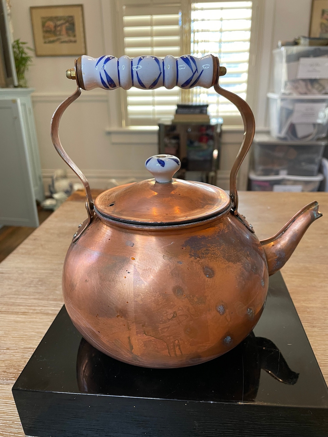 Copper Tea Kettle, Delft Ceramic Handle, Vintage Teapot, Cottage