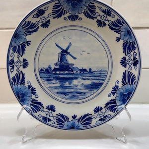 Vintage Delft Blue Plate - 8&quot; Delft Windmill White & Blue Plate Delft Decorative Plate Made in 1956