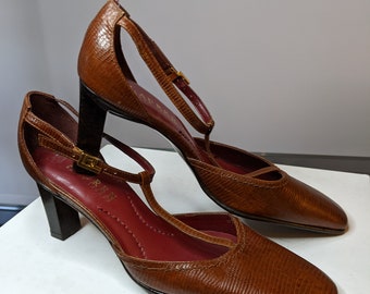 RALPH LAUREN Croc-Embossed Brown Cordovan Leather Mary Janes 6N (narrow) Made in Spain