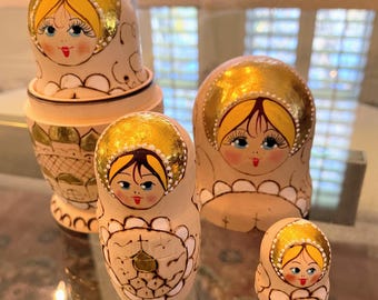 Unique Vintage Russian Nesting Dolls Hand Painted Set of 4 White &Gold