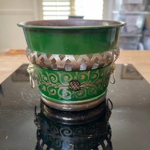 Green Tole Cache Pot Lion Head Ring Handles Pierced Border Painted Metal