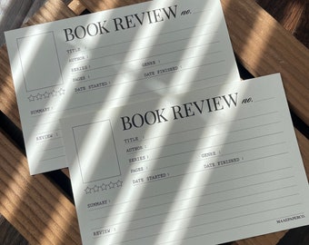 May include: Two blank book review templates with lines for writing down the title, author, series, pages, genre, date started, date finished, summary, and review. The templates have a five-star rating system.