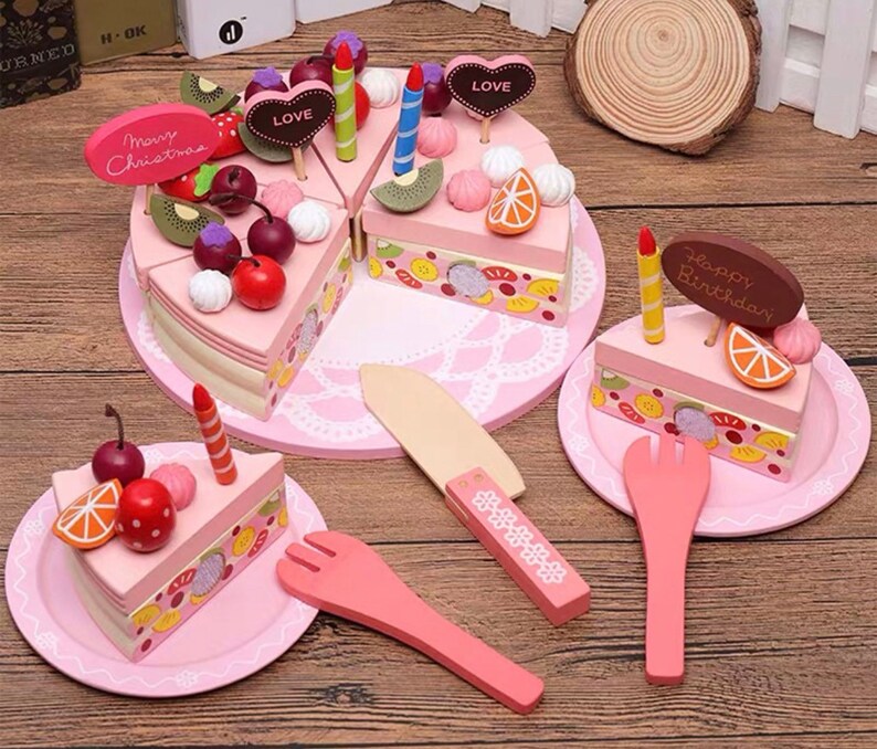 Wooden Birthday Cake Toy Kids Play Food Montessori Pretend Etsy