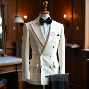 May include: A cream-colored double-breasted suit with a black bow tie and a white dress shirt. The suit has a classic design with a notched lapel and a pocket square. The suit is displayed on a mannequin.