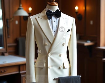 Gentleman Off White Tuxedo | Peak Lapel Double-Breasted Dinner Jacket with Black Pants | Vintage Style Elegant Formal Suit For Husband & Dad