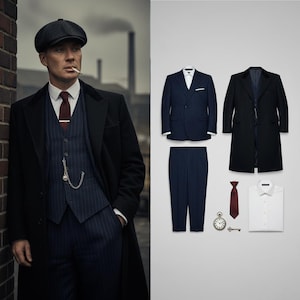 May include: A man in a black overcoat, flat cap, and pinstripe suit, with a pocket watch and tie. The image also shows a navy pinstripe suit, black overcoat, white shirt, burgundy tie, and a pocket watch.