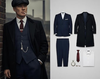 Peaky Blinders Thomas Shelby Complete Set – Vintage 1920s Gangster Outfit | Navy Pinstripe Suit with Black Overcoat, Flat Cap, Tie & Watch