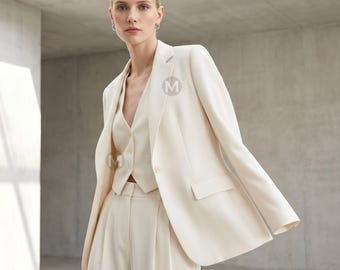 Modern Women Off White Bride Pantsuit | Elegant Oversized Blazer Suit Set Pleated Flared Trousers | Minimalist Female Attire Wide-Leg Pants
