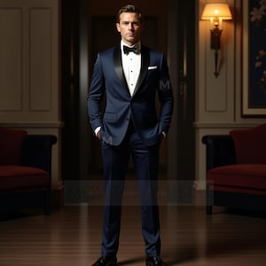 Pode incluir: Um fato azul marinho com lapela de cetim preto, camisa branca e gravata borboleta preta. O fato tem um corte sob medida e é usado com sapatos pretos. A imagem é de um homem em um ambiente formal.