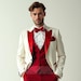 Mens White and Red Tuxedo | Peak Lapel White Blazer with Red Waistcoat Pants – Designer Bold 3 Piece Prom, Wedding, or Party Suit