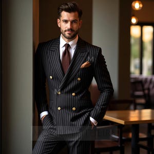 Puede incluir: Un traje negro con finas rayas blancas, con una chaqueta cruzada con botones dorados y un pantalón a juego. El traje incluye una camisa blanca, una corbata burdeos estampada y un pañuelo de bolsillo. Es ropa formal clásica.