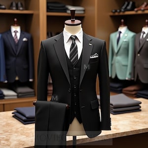 Classic Black 3 Piece Suit - Bespoke Formal Wear For Office, Prom and Wedding Ocassion - Custom Fit Jacket Pant and Vest