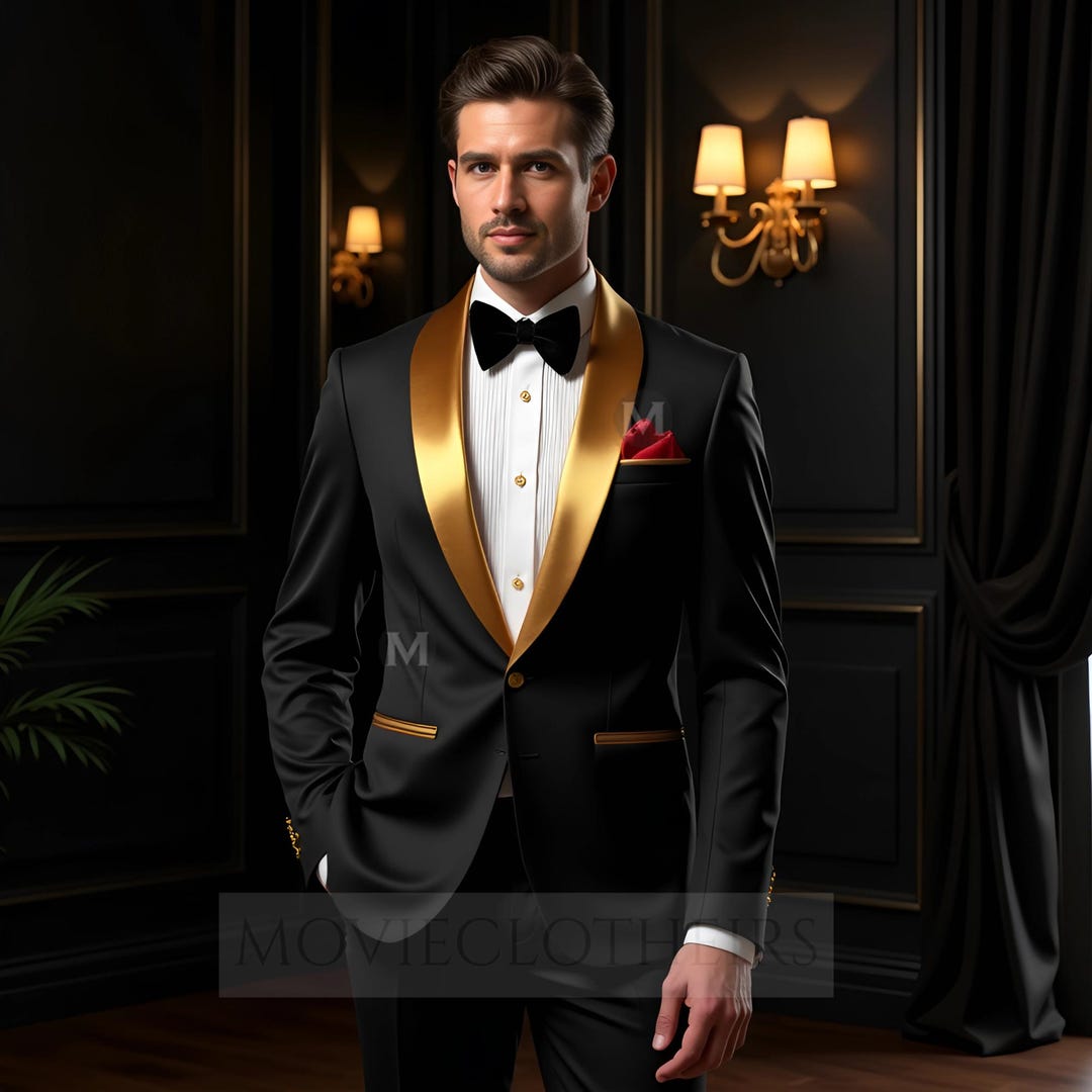Men's Tuxedo Golden Pattern with Black Collar