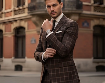 Traje de hombre a cuadros marrón chocolate oscuro – Traje formal a cuadros de corte ajustado / Conjunto personalizado para bodas, graduaciones y eventos de negocios.