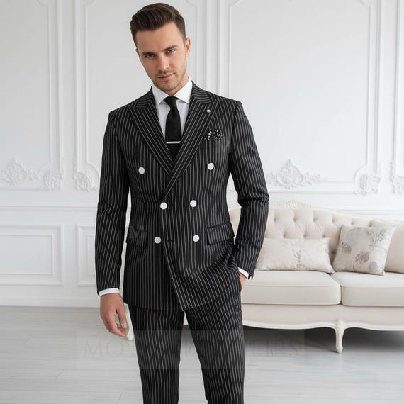 Vintage Black Striped Double-breasted Suit – Retro White Chalk