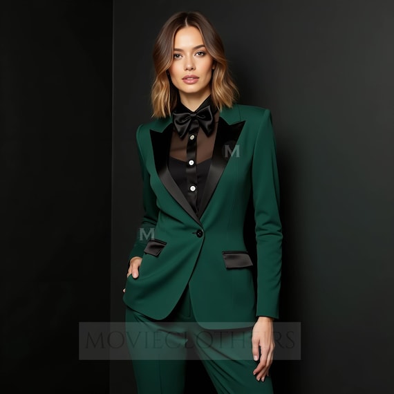 Women Dark Green Tuxedo Suit | Girl Peak Lapel Tailored Blazer Pants Set