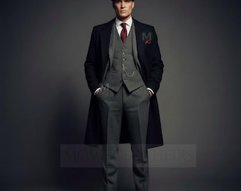 Klassiek tweed pak Peaky Blinders – vintage Thomas Shelby donkergrijze houtskool outfitset jaren 1920 gangsterstijl met zwarte overjas krantenverkoperhoed