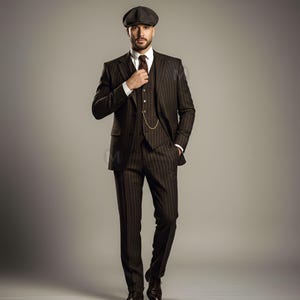 Op de afbeelding: Een bruin drieledig krijtstreep pak met een bijpassende pet. Het pak heeft een vest met een gouden ketting, een wit overhemd en een bruine stropdas. De outfit wordt afgemaakt met donkerbruine schoenen.