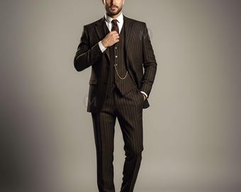 Luxury Dark Brown 3 Piece Pinstripe Suit – Chocolate Peaky Blinders Style Outfit with Gold Tan Stripes | Vintage 1920s Gangster Formalwear
