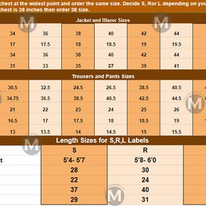 May include: A size chart for jackets, blazers, trousers, and pants, with measurements in inches. Includes US letter sizes, shoulder, chest, stomach, waist, hips, thigh, knee, and bottom measurements. Also shows length sizes.